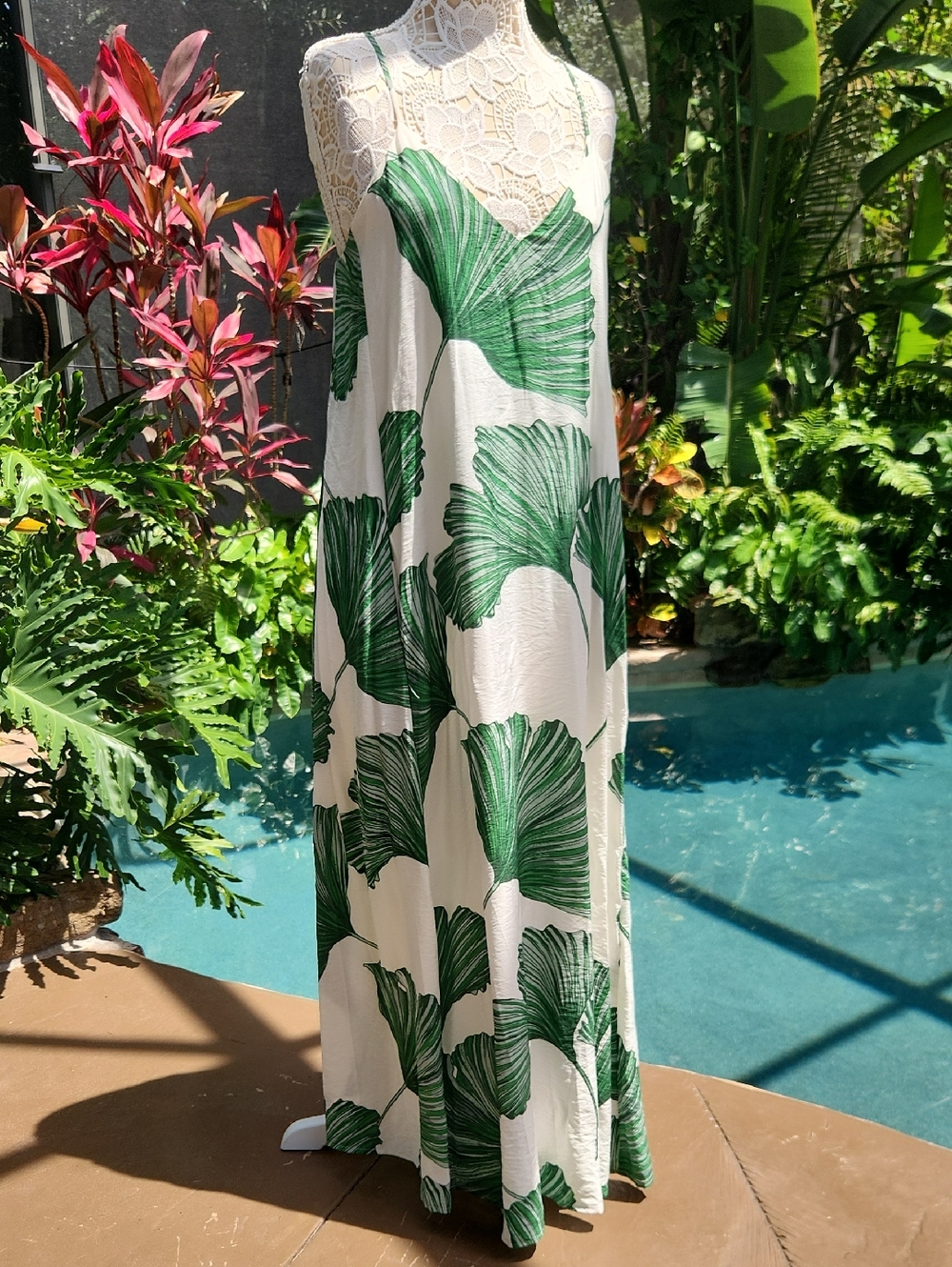 White Maxi Slip Dress with Green Leaf Print..like New!